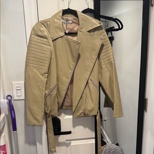 Belted Faux Leather Moto Jacket in Olive